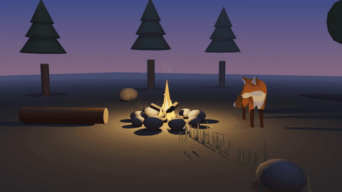 A fox resting by a flickering campfire at dusk, firelight pooling around the pit, breathing shadows, rising sparks and smoke