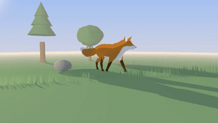A low poly fox running through a golden hour park: sun disc, long shadows, grass bending in the wind, distance fog