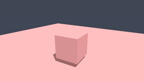 The exact scene.ts above, rendered: a red cube rotating over a floor with a moving shadow
