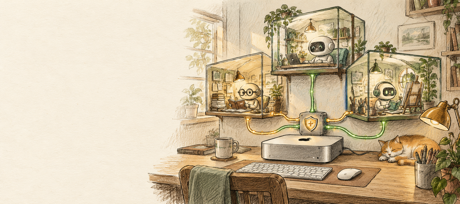 Three small robots work in their own glass-walled rooms on a Mac-filled desk. The access controls live outside.